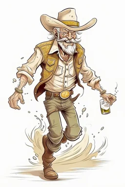 Bare drunk old cowboy in pants runs