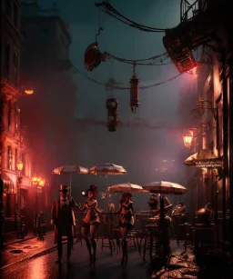 cabaret scene, steampunk. old man and little monkey, Sunglasses, rain, smoking, happy, hot. Many people background, highly detailed, concept art, unreal engine 5, god rays, ray tracing, RTX, lumen lighting, ultra detail, volumetric lighting, 3d, finely drawn, high definition, high resolution.