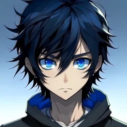 Teenage boy, medium length black hair that is in small dreadlocks, blue eyes, black skin, charming, black boy, anime style, anime,