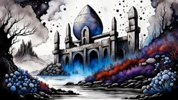 Ink wash painting with fine drawing with black pen, grunge, rust, detailed, light gray, black, almond, light red colors, stone ruins on old planet, fantasy style, close up black purple and blue weird alien flowers , splash art, stonecrop wall, dreamy, surreal fsci-fi mood, foggy lights, detailed, high contrast, masterpiece