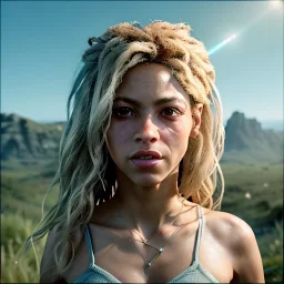 Shakira, 40 years old, artist, Realistic image, waist up portrait, eyes make up, perfect, glow, circle iris. concept art, smooth, unreal engine 5, god lights, ray tracing, RTX, lumen lighting, ultra detail, volumetric lighting, 3d, finely drawn, high definition, 4k.