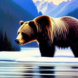 portrait of 'Grizzly Bear',River,snow,mountains,painting by Earl Norem, simon Bisley,frazetta,西嘛哒, evan lee, Vallejo,kelly oil on canvas, cinematic composition, extreme detail,fit full head inside picture,8k