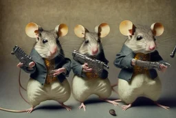 pulp-fiction costumed taxidermy mice with pistols in hands