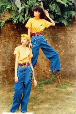 year 1998 denim fashion. Loose, baggy, low waist Combat pants and t-shirt. Colors: denim blue, blue, purple, cream, khaki, light green, lilac, plum, orange, terracotta, red, light yellow, lion yellow, pink, dark blue, beige. Lynx-pattern, Sturnus vulgaris-print. wide belt. Partly latex or leather. Kylie Minogue, Tyra Banks. leg warmer. Cargo pants.