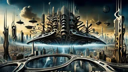 a stunningly weird image of a futuristic metropolis using Salvador Dali's paranoiac-critical method, where buildings and structures appear to melt into the skyline cityscape is filled with floating mad, twisted sharp metal shapes that interact with the buildings and each other, forming a surreal tableau of a dreamlike reality. neu-steampunk vibe, essence of the scene in a cinematic manner, with dramatic shadows that enhance the distorted perspectives and bizarre