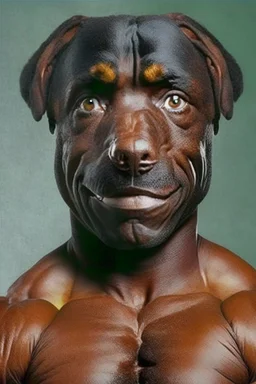 Bodybuilder Lee Haney with the face of a Rottweiler dog A dog's head instead of a person's head