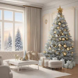 Photo room new year new year Christmas tree dressed up,wallpaper,curtains,Abstract art, surrealism, 3D,very realistic and detailed , detailed drawing Beautiful scene, in high quality, ultra HD res, 8k