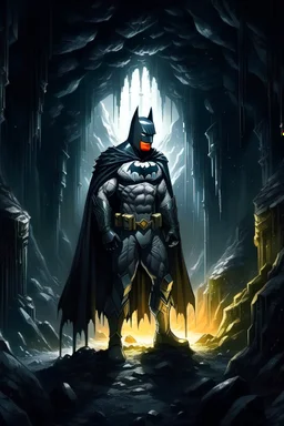 Batman stood in a dimly lit cave, surrounded by glittering diamonds. The walls were rough and jagged, and the air was damp and musty. He could hear the sound of dripping water echoing through the cavern. The diamonds were not arranged in any particular pattern, but rather scattered haphazardly throughout the cave. Batman's armor was dull and scratched, a testament to the battles he had fought. He looked around, searching for any clues that might lead him to his next mission. The cave was silent,