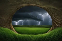 Surreal big storm, Stormy weather over a little field of tall grass. A cereal circle in grass under a dramatic sky filled with large, dark clouds. Lightning can be seen streaking across the sky, creating a striking contrast with the green grass. The atmosphere appears ominously foreboding, as if the storm might unleash its fury upon the land,Kandinskysurreal, sinister, dali, bosch, klee style