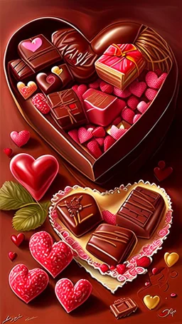 Valentines day treats, chocolate, art, drawing, very realistic, detailed, vibrant colors.