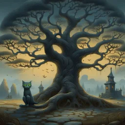 a painting of a cat sitting in front of a tree, a storybook illustration by Gediminas Pranckevicius, featured on deviantart, gothic art, ominous vibe, storybook illustration, dark and mysterious