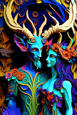 "Satyr Union"; surreal Satyr and Nymph couple wearing colorful Royal wedding attire made with quilling found in nature; Avant-garde