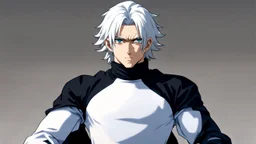 Satoru Gojo is a young guy white hair blue eyes black turtleneck without arms white loose pants in a defensive pose