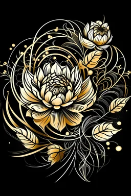 Create a captivating modern 2d black and gold ink tattoo design for print , prestigious Divine Floral using the elegant influences of japan art style, for print, dynamic elements from fashion and design, and bold Japanese contemporary art aesthetics, framing centered in the center, distanced from the edges of the paper perimeter, perfect anatomy, bauhaus, Divine Proportion,