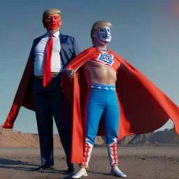 realistic image of donald trump as a mexican wrestling fighter posing outdoors, Mexican eyes wrestling mask, red and blue breeches, confederate flag cape, retro style, 80s, vibrant color, highly detailed, sky background, concept art, unreal engine 5, god rays, ray tracing, RTX, lumen lighting, ultra detail, volumetric lighting, 3d, finely drawn, high definition, high resolution.