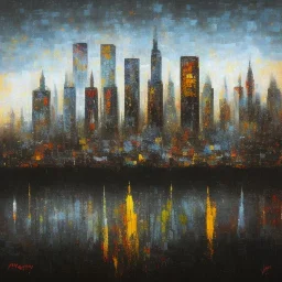 abstract city skyline in impasto paint on black canvas with red and gold painted in the style of malevich and mondrian