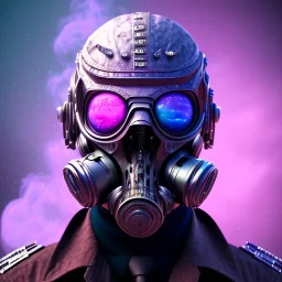 full body apocalyptic purple masked villain in galaxy, teal and purple smoke, detailed, realistic, 4k