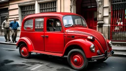 Un enorme elefante adulto intentando acomodarse dentro de un pequeño Fiat 600 clásico de color rojo, con el cuerpo comprimido de manera casi imposible en el diminuto habitáculo, la cabeza y la trompa asomando por las ventanillas abiertas, las patas ocupando completamente el interior. El automóvil permanece estacionado en una calle europea antigua y estrecha, mientras varias personas adultas observan la escena con expresión de desconcierto. Fotografía hiperrealista, perspectiva ligeramente gran a