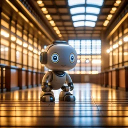 cute loab chat robot photo shoot in big train hall, 8k, downlight, soft light, depth of field, photorealism, trending on art station, lotsa detail, smoke and fog