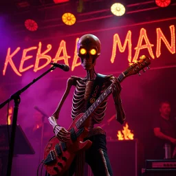 a very thin swedish man (near skeleton), (fat glowing eyes), he is called "KEBAB MAN" performing at death metal club, his name is "KEBAB MAN" kebab rolls On stage, kebab Neon lights and smog, and "KEBAB MAN" big sign on the wall, kebab tribal tattooes, spinning kebab machines, flames and smoke, chaos, he using gasolin and pour it on the guitar on the stage
