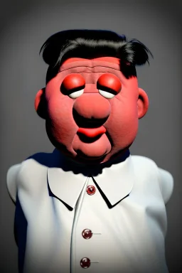 Waist up muppet Portrait, Kim Jong-un as muppet doll, black suit, photo studio, red background, unreal engine 5, concept art, art station, god lights, ray tracing, RTX, lumen lighting, ultra detail, volumetric lighting, 3d.