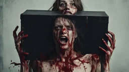 a gross woman covered in blood holding up a black rectangular box