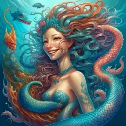 mystical, mermaid with long curly fancy flowing hair. Riding a seahorse with a happy face and a swirly main, all in pastel coors, Marine life Background. perfect facial features. Hyperdetailed, photorealistic