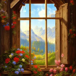 Old cozy wooden window Alpine style old colours drawings