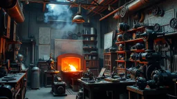 A workshop straight out of a steampunk fantasy, filled with a variety of mechanical automatons in different stages of construction. The walls are lined with tools, gears, and blueprints, and a central forge glows with the heat of molten metal. Award-winning photograph, beautiful composition, exquisite detail and illumination