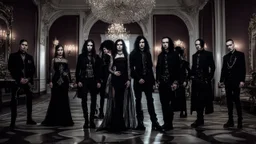 goth fashion, women and men in goth clothes and jewelry, at an elegant party in a grand ballroom. Group photo. high detailed, sharp focus, looking at the camera, cinematic, masterpiece, high realistic, perfect photo