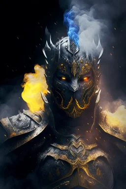 smoke in a shape of humanoid and a colour of a storm with yellow eyes wearing a scalemail armor