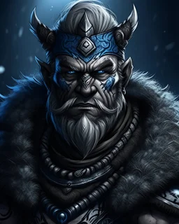 A portrait of a towering Goliath Barbarian with gray skin and blue tribal tattoos. He has a strong, rugged face, with piercing silver eyes and a fur-lined cloak draped over his shoulders. His expression is serious and determined, conveying the resilience of a winter warrior. The style is sharp and detailed, with cold silver tones dominating his powerful presence.