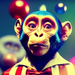 Ultra realistic circus scene. Blue Monkey man, waist up view, Wes Anderson style, happy, bubbles, party, confeti, highly detailed, concept art, unreal engine 5, god rays, ray tracing, RTX, lumen lighting, ultra detail, volumetric lighting, 3d, finely drawn, high definition, high resolution.