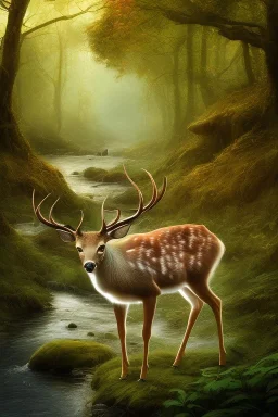 Beautiful deer drink in the river forest in the 12PM in the afternoon ín 24K Resolutions, ultra HD, Professional PHOTOGRAPHY, cinematic