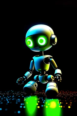 Create a cute robot siting on the floor in a dark room thinking