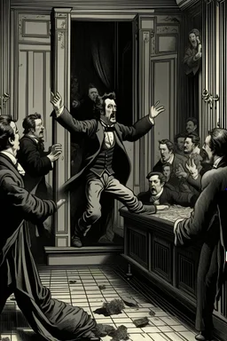 llustrate John Wilkes Booth leaping from the president's box onto the stage, shouting "Sic semper tyrannis." Capture the commotion and panic in the aftermath of the assassination. Depict Booth's swift escape through a side door, disappearing into the darkness