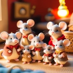 Christmas image of a family of adorable an cute mice in the style of the sylvanian toys