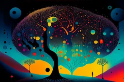 Precise mathematical geometries and genealogy trees, abstract surrealism, by Arthur Secunda and Oskar Fischinger and Andy Kehoe, silkscreened mind-bending illustration; abstract nature landscape, asymmetric, Braille code characters, UV x-ray warm colors, dark polychromatic background