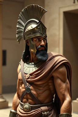 Create an image of an epic looking ancient Persian warrior from a museum . Make it look like an old picture with lighting like a modern AAA fantasy RPG. Show the whole body and metallic hat