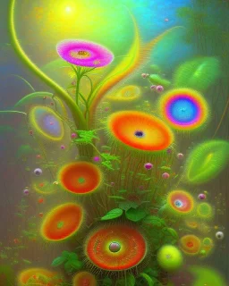 mystical venus fly trap, flowers, jungle, vibrant colours, impressionism, soft lighting. trees in background,