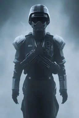 All Black Hayden Christensen soldier, ghost, wearing high tech mask, white smoke, dark, rage, sorrow, high definition, ultra 8 k, volumetric lighting, blue fire, fog