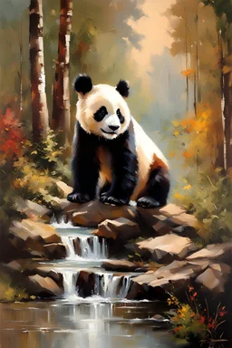 Masterpiece, best quality, Brent Heighton style portret painting of a Panda, in a scenic environment, painted by Brent Heighton