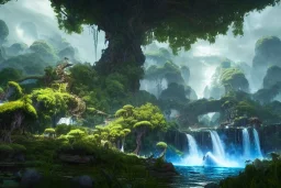 Art by Dylan cole and Eddie mendoza, Avatar concept art, pandora, hovering island with waterfall, landscape, ultra-wide angle, ultra realistic, unreal engine 5, 8 k uhd, volumetric lighting, beautiful, sharp focus, ultra detailed, concept art, studio quality