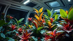 A futuristic botanical garden on a space station, where plants from different planets grow in zero gravity, their leaves and flowers displaying colors and patterns never seen on Earth. Award-winning photograph, 80mm focal length, chiaroscuro