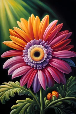 close up of a Fantasy cartoon of a miniscule gerbera daisy, the center of the large gerbera daisy has a cartoon styled googly eye with pupils and iris, amazing catch light and fantasy flowers and trees professional award-winning masterpiece rich colored airbrush oil painting on canvas Atmospheric extremely detailed