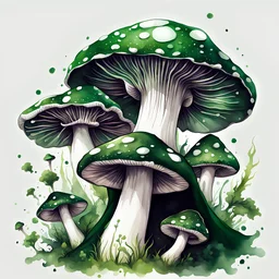 watercolor drawing of very dark green Gothic witch mushrooms, dark green, white background, Trending on Artstation, {creative commons}, fanart, AIart, {Woolitize}, by Charlie Bowater, Illustration, Color Grading, Filmic, Nikon D750, Brenizer Method, Side-View, Perspective, Depth of Field, Field of View, F/2.8, Lens Flare, Tonal Colors, 8K, Full-HD, ProPhoto RGB, Perfectionism, Rim Lighting, Natural Lighting, Soft Lighting, Accent Lighting, Diffraction Grading, With Imperfections,