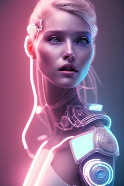 cyberpunk, head, robot, portrai, tron sketch of a girl on lined paperA beautiful one nude body of a make up smiling woman blond long hair, alone, high key lighting, volumetric light high details with white stripes and blue eye, smiling with plump pink lips, flowers around, unreal engine petit prince belle fine, profil de trois quart, grand front cosmique, peau bleu cristalline, yeux bleu, perle sur le front long cheveux blond et rose etoilé, cristaux sur le corps, collier de grande princesse, l