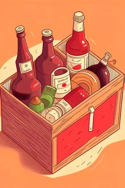 A cardboard box full of backing stuff in illustration style xmas, can of soup, Christmas food. bottle red wine,