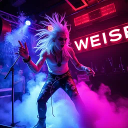 An "white wonder" performing at dance club, his name is "white" and looks crazy, and white stains spraying on stage, Neon lights and smog, "WEISE" SIGN ON WALL