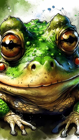 dnd, fantasy, watercolour, humongous strokes, stylistic, portrait, illustration, furry, frog , personable face